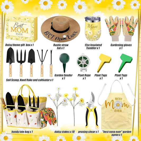 Lasnten 16 Pcs Mothers Day Garden Gift for Mom Women Dasiy Gardening Supplies Birthday Garden Tools Set from Daughters Gloves Apron Insulation Cup Fork Trowel Tote Bags for Planter Present