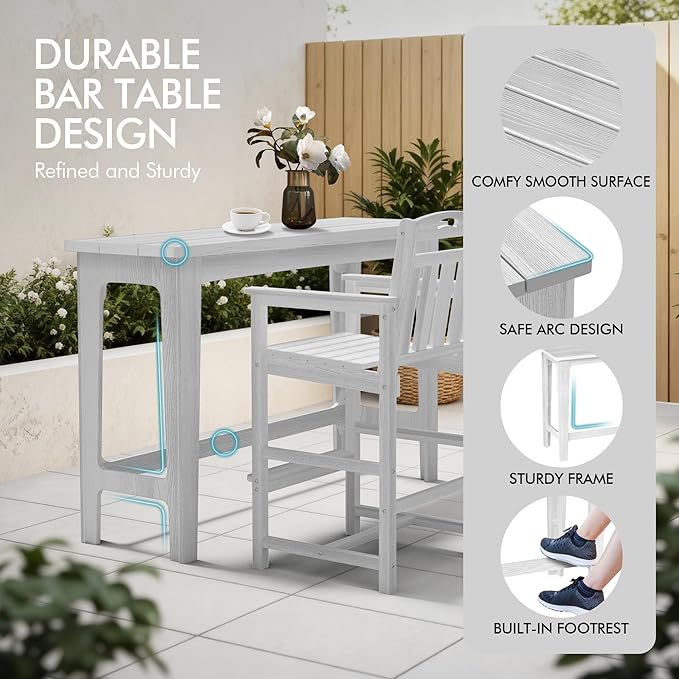 Ciokea Heavy-Duty Outdoor Bar Set, Rectangle High Top Table and 2 Oversized Adirondack Chairs Set, HDPE Modern Patio Bar Set for Outside Bistro Backyard Balcony Deck Outside, White
