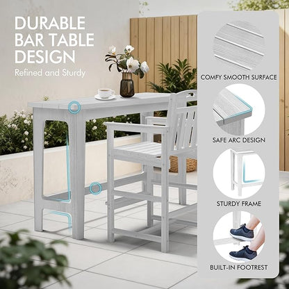 Ciokea Heavy-Duty Outdoor Bar Set, Rectangle High Top Table and 2 Oversized Adirondack Chairs Set, HDPE Modern Patio Bar Set for Outside Bistro Backyard Balcony Deck Outside, White