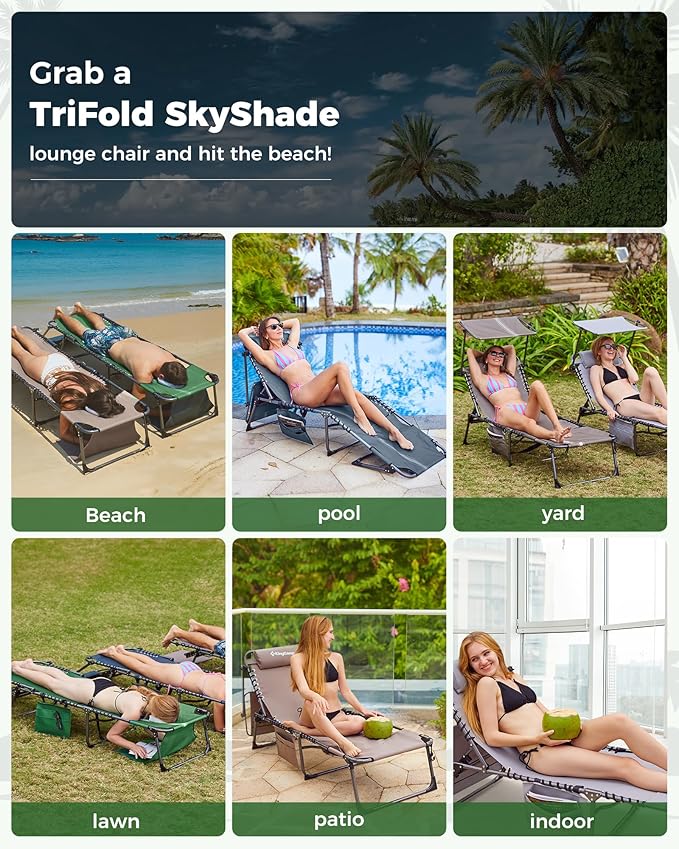 KingCamp Tanning Chair with Face Hole, Lounge Chairs Outdoor Folding Portable Comfy Adjustable 5-Position Foldable Chaise Chaser with Canopy Shade for Outside Beach Patio Sun Bathing Pool, Green/White