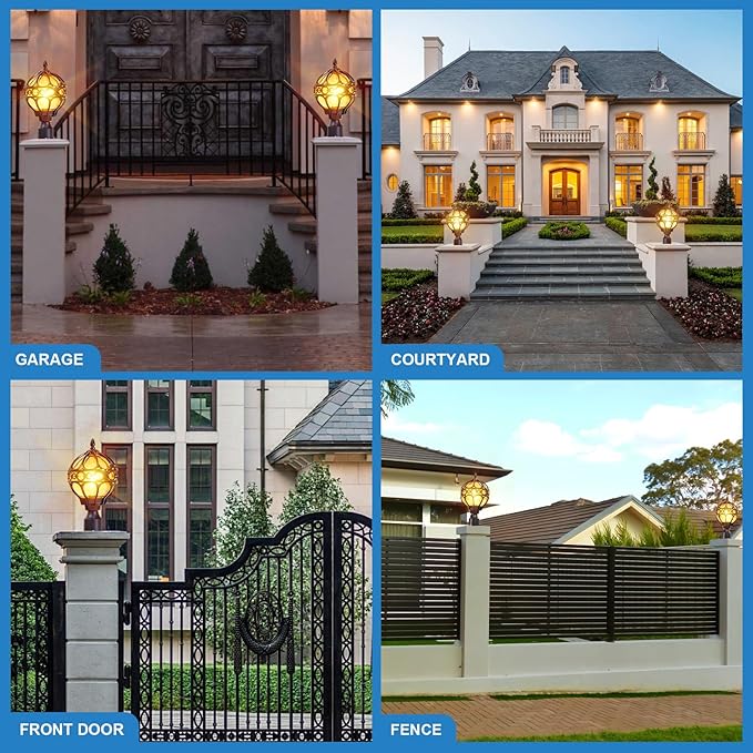 Dusk to Dawn Globe Outdoor Post Light for Lawn Patio Yard Driveway, Black Sphere Outside Lamp Post Light, Pier Mount Post Lantern Lighting Fixtures, Soccer Ball Exterior Pole Post Light(1 Pack)