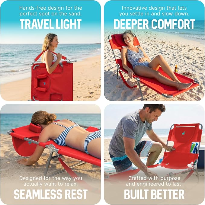 Ostrich the Original Chaise 72 x 22 Inch Lounge Portable Reclining Lounger, Outdoor Patio, Beach, Lawn, Camping, or Pool Tanning Chair, Red