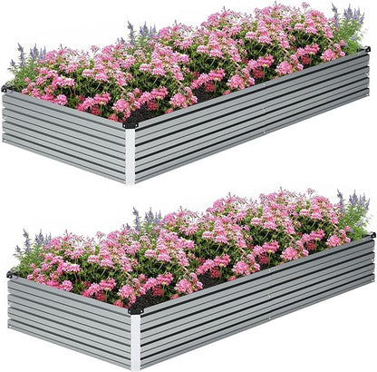 8×2×1FT(2PCS) Galvanized Raised Garden Bed Kit Metal Planter Boxes，Large Outdoor Planters Garden for Planting Vegetables,Flowers,Herbs -Silver