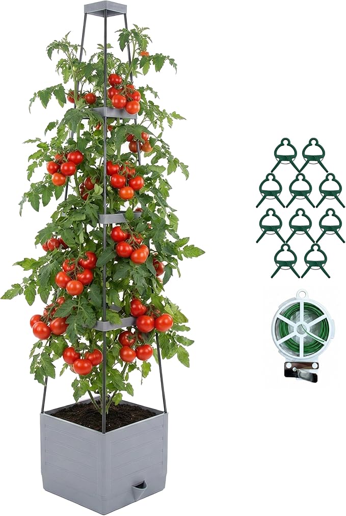 Tomato Planter with Trellis 57" - Self Watering Raised Garden Bed for Climbing Plants, Wind-Resistant Solid Base Box with Cage, Vertical Gardening Pot for Indoor Outdoor Patio Balcony, Grey