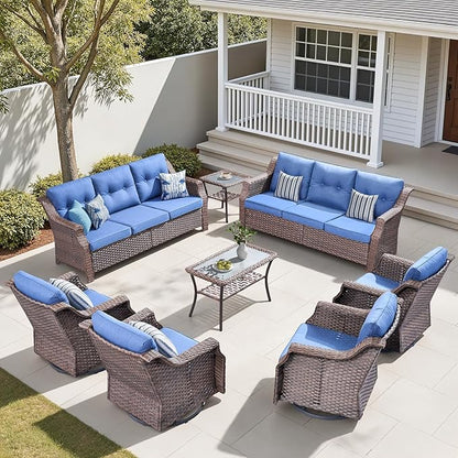 Outdoor Patio Furniture Set-8 Piece High Back Outdoor Furniture Set Sectional Sofa with Wicker Swivel Rocker Patio Chairs,Thick Cushions Ottomans for Porch Balcony Patio Deck Brown/Blue