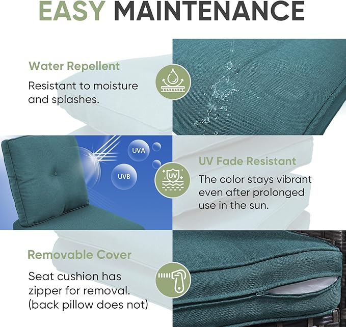 Outdoor Chair Cushion Set of 3, Waterproof Outdoor Seat Cushions 25x22 , Patio Chair Cushions for Outdoor Furniture, Couch Cushion Replacement, Include 3 Back & 3 Seat Cushions, Button/PeacockGreen