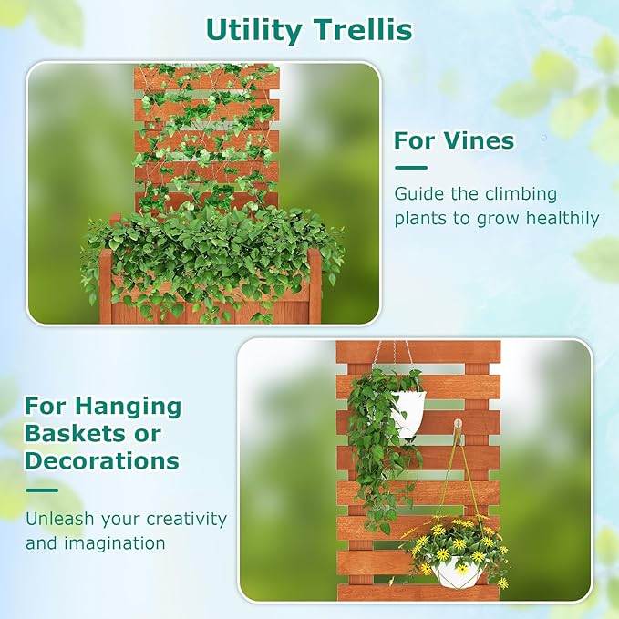 Giantex Wood Raised Garden Bed with Trellis Set of 2, Outdoor Planter Box w/Open-Ended Base for Climbing Plants, 18'' Planting Depth Freestanding Privacy Planters Trellis Planter for Patio, Backyard