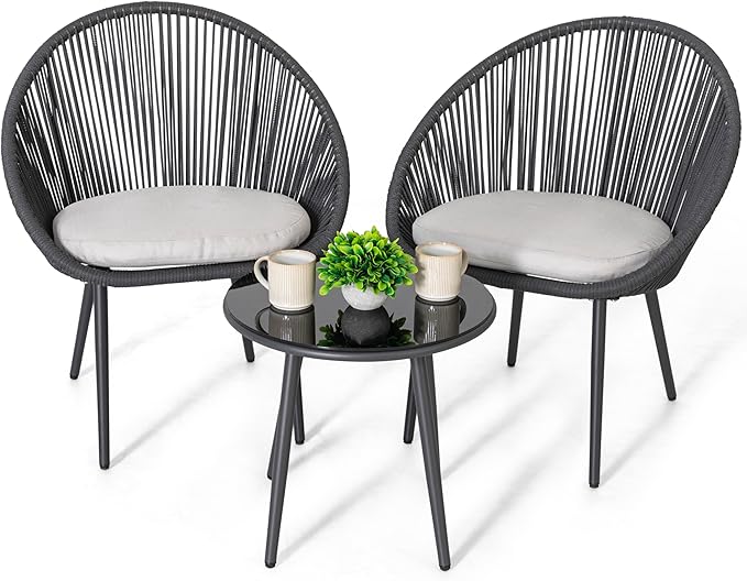NUU GARDEN 3 Piece Outdoor Bistro Set, Woven Rope Conversation Patio Set, All Weather Patio Furniture Chairs and Table with Cushions for Garden, Deck, Backyard, Balcony, Porch, Dark Gray