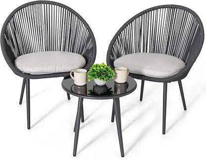 NUU GARDEN 3 Piece Outdoor Bistro Set, Woven Rope Conversation Patio Set, All Weather Patio Furniture Chairs and Table with Cushions for Garden, Deck, Backyard, Balcony, Porch, Dark Gray