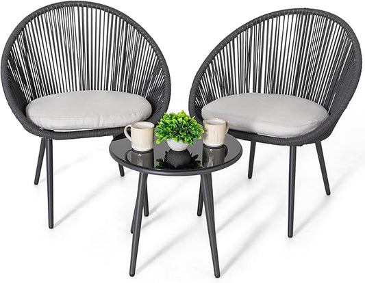 NUU GARDEN 3 Piece Outdoor Bistro Set, Woven Rope Conversation Patio Set, All Weather Patio Furniture Chairs and Table with Cushions for Garden, Deck, Backyard, Balcony, Porch, Dark Gray