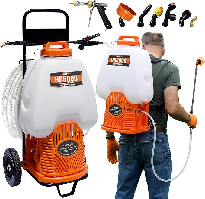 PetraTools Powered Backpack Sprayer with Custom Fitted Cart and 100 Foot Commercial Hose, 2 Hoses Included, Commercial Quality Heavy Duty Sprayer (6.5 Gallon Cart)