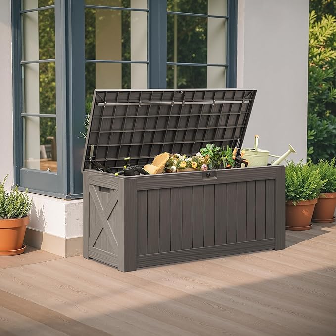 Flamaker Resin Deck Box 120 Gallon Waterproof Large Outdoor Indoor Storage Box Imitation Wood Resin for Patio Furniture Garden Tools and Pool (Deep Brown)