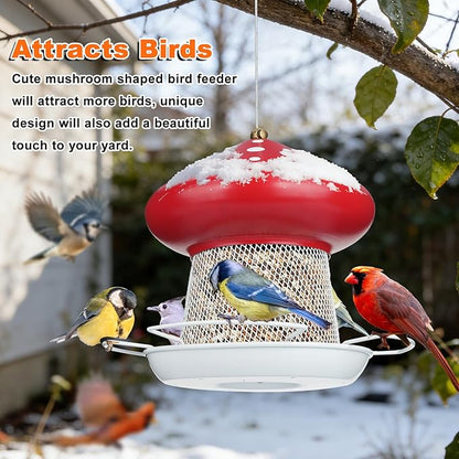 Bird Feeder, Heavy Duty Metal Bird Feeders for Outdoor Hanging, Cute Mushroom Shape Wild Birdfeeder for Outside Garden Yard (Red)