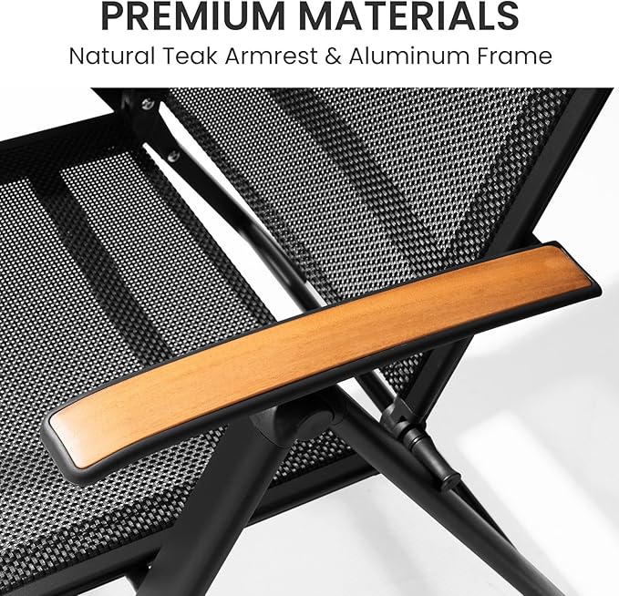 Crestlive Products Folding Patio Chairs Set of 6, 8-Level Adjustable Outdoor Recliner Chairs with Teak Armrest Aluminium Frame for Pool, Backyard, Black