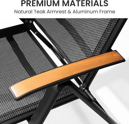 Crestlive Products Folding Patio Chairs Set of 6, 8-Level Adjustable Outdoor Recliner Chairs with Teak Armrest Aluminium Frame for Pool, Backyard, Black