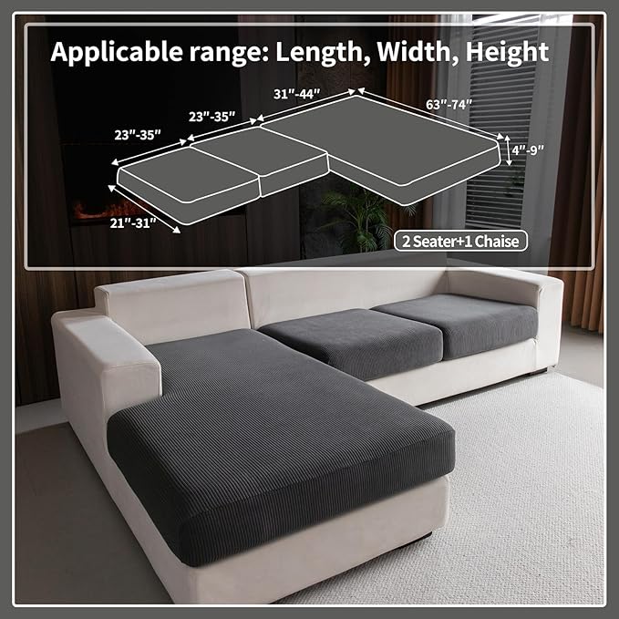 OHSIO Sectional Couch Covers, Wear Resistant Stretch Sofa Covers Washable Soft Couch Cushion Covers Anti Slip Furniture Protector Sofa Slipcovers for Pets(3 Pieces 2 Seaters+1 Chaise, Dark Gray)
