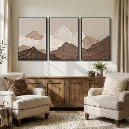 Framed Brown Abstract Mountain Wall Art for Living Room, 3 Piece Large Neutral Landscape Canvas Prints Artwork for Walls, Modern Minimalist Scenic 2D Paintings Bedroom Home Office Wall Decor, 24x36 In