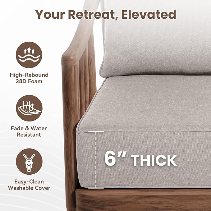 Outdoor Chair Cushions, 6 Inch Thick Patio Seat & Back Cushions Set with Removable Cover, Waterproof Patio Cushions for Outdoor Furniture, 22 x 24 Inch, Beige 6-Set