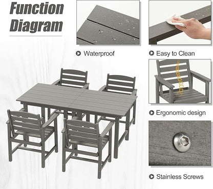 Anbuy Patio HDPE Dining Table Set, 5-Piece Outdoor Dining Table Sets, 2 in 1 Outdoor Furniture Table and 4 Outdoor Chairs for Garden, Backyard, Poolside, Easy Assembly, Grey