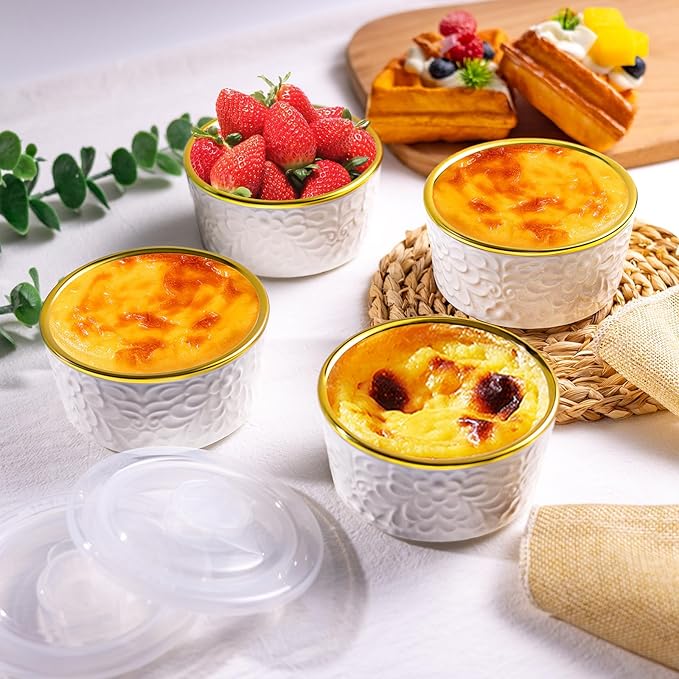 6 Sets Ramekins Oven Safe with Lids, 8 OZ Creme Brulee Ramekins Embossed Flora White Ceramic Ramekin Baking Dish for Souffle Custard Dips Soup Small Bowls for Dessert Appetizers Meal Prep Thanksgiving Christmas Gift
