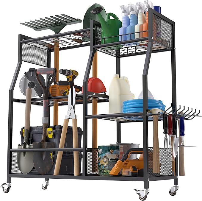 HOTEAGLE Garden Tool Organizer for Garage with 35.4” Width(High Stability), Outdoor Metal Utility Rolling Carts with Mute Wheels & 18.5mm Thick Rods, Easy to Clean, Black