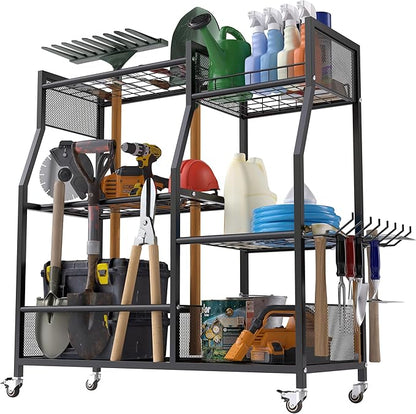 HOTEAGLE Garden Tool Organizer for Garage with 35.4” Width(High Stability), Outdoor Metal Utility Rolling Carts with Mute Wheels & 18.5mm Thick Rods, Easy to Clean, Black