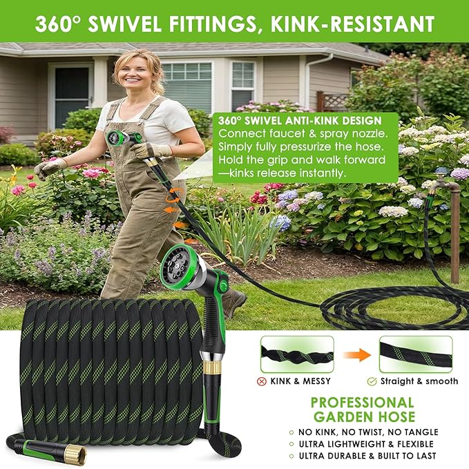 Garden Hose 50 ft, Non-Expandable Ultra-Lightweight Flexible Hose with 360° Dual-End Anti-Kink Design, 10-Pattern Spray Nozzle, 500 PSI Leak-Proof, 96-Strand Braided Fabric, Storage Strap
