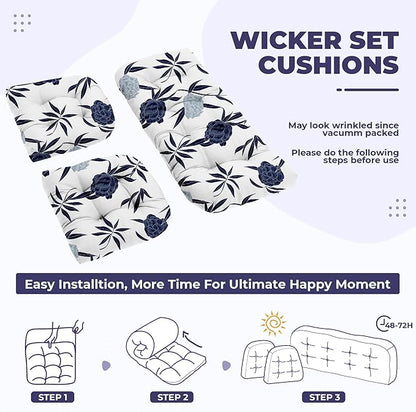 DANGHOOGY Wicker Chair Cushions, Waterproof Outdoor Loveseat Cushions for Patio Furniture, Tufted Wicker Furniture Cushions, 1 Loveseat and 2 U-Shaped Cushions (Blue Enchantress)