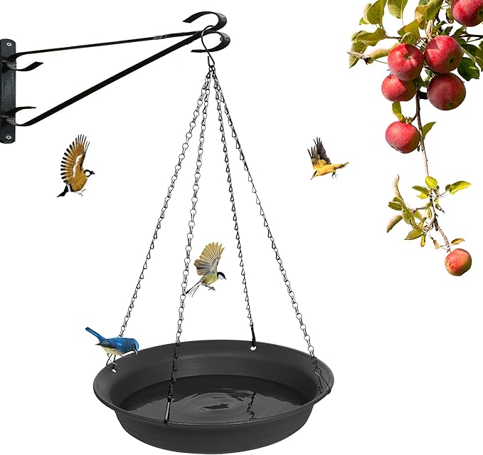 VUWEZ Hanging Bird Bath, Hanging Bird Water Feeder for Outdoors, Feeder Bowl, 1 Pack Birdbath Tray Accessories for Outside, Plastic Birdbaths Tray for Garden Patio Decoration (14", Dark Black)