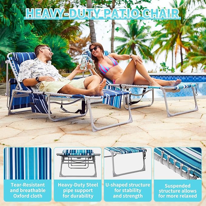 #WEJOY 3 in 1 Tanning Chair with Face Hole & Canopy, 300 lbs Heavy Duty 5 Positions Folding Face Down Lounge Chairs Outdoor with Pillow & Storage Bag Portable for Pool Beach Lawn Camping (Bluestrips)