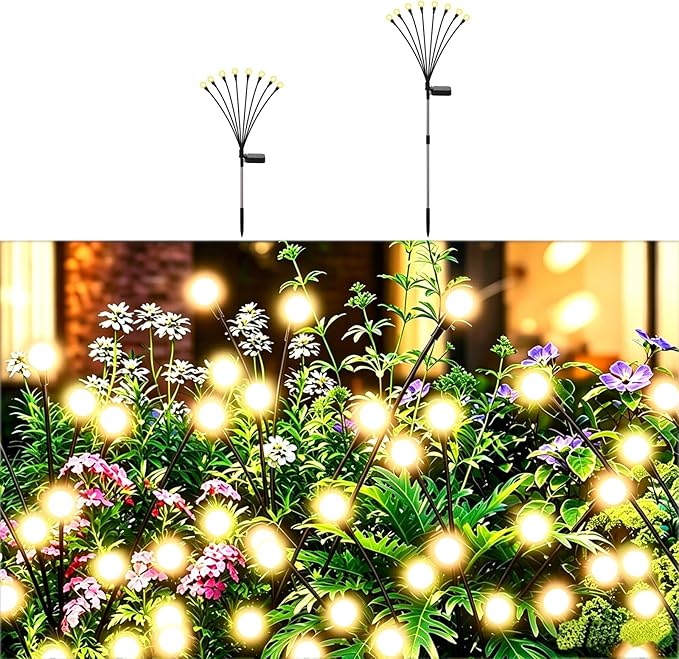 Solar Firefly Lights Warm White, 8 Modes 800mAh Swaying Firefly Yard Lights Solar Powered Outdoor Waterproof for Outside Yard Patio Lawn Pathway Walkway Stake Christmas Garden Decor (2 Pack)