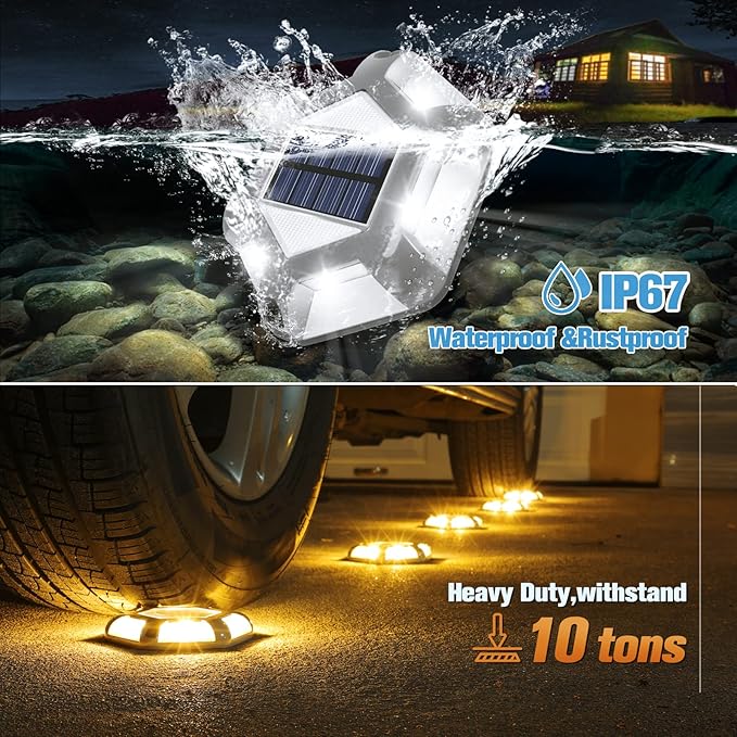 VOLISUN Solar Dock Lights - 16-Pack Waterproof Outdoor LED Aluminum Warning Step Lights for Driveway (Warm White & White, 2 Colors in 1)