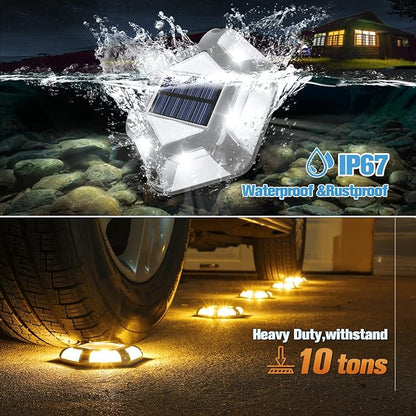 VOLISUN Solar Dock Lights - 16-Pack Waterproof Outdoor LED Aluminum Warning Step Lights for Driveway (Warm White & White, 2 Colors in 1)