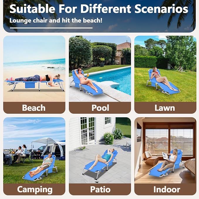 HRVEOCEI 3-in-1 Sun Tanning Chair with Face Hole,Adjustable 5-Position Folding Laying Out Chairs for Tanning,Outdoor Face Down Beach Lounger Sun Bathing Lounge Chair for Pool Deck Patio (Blue)