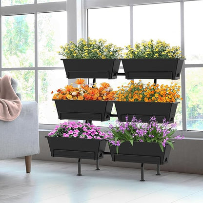 Sunexinlo 3-Tier Vertical Garden Planter with 6 Boxes, 31" Tall Raised Garden Bed with Adjustable Feet for Herbs, Flowers, Vegetables, Ideal for Indoor, Outdoor, Patio, Balcony, Deck Use, Black