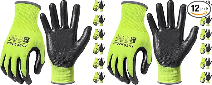 Safety Work Gloves, Nitrile Work Gloves For Men and Women, Work Gloves With Touchscreen Fingers, Work Gloves men, Men's work gloves with grip,mechanics gloves (Size-XXL, Yellow, 6 Pairs)