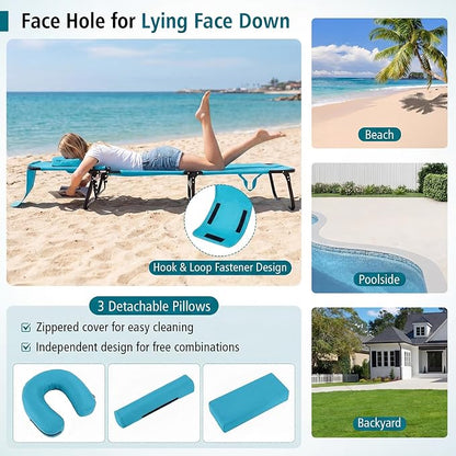 GYMAX Tanning Chair, Folding Lounge Chairs with Face Hole & Cover, Removable Pillow Carry Handle, Portable Compact Outdoor Layout Recliner for Beach, Poolside, Lawn, Patio, Camping (Turquoise,2)