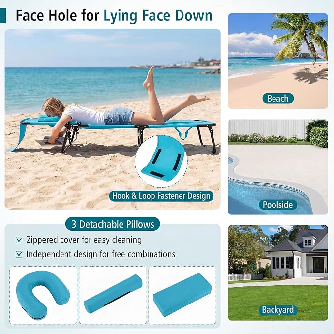 GYMAX Tanning Chair, Folding Lounge Chairs with Face Hole & Cover, Removable Pillow Carry Handle, Portable Compact Outdoor Layout Recliner for Beach, Poolside, Lawn, Patio, Camping (Turquoise,1)