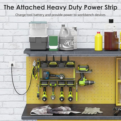 CCCEI Modular Power Tool Organizer Wall Mount Charging Station, Green 6 Drills Holder with 8 Plug Power Strip 6FT, Garage Drill Battery Heavy Duty Metal Shelf, Utility Rack with Hooks, Side Storage.