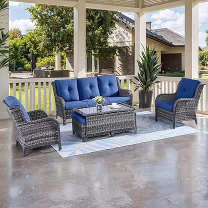 HUMMUH Outdoor Furniture 6 Pieces Patio Furniture Set Wicker Outdoor Sectional Sofa with 2 Patio Chairs,Ottomans,Coffee Table(Grey/Blue)