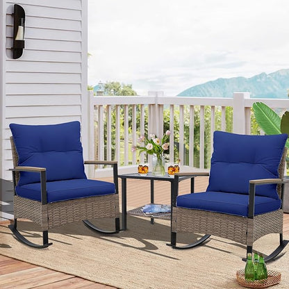 EAGLE PEAK 3 Piece Mojave Dusk Outdoor Conversation Set, Patio Wicker Furniture, 2 Rocking Chairs and Side Table, Light Brown/Blue