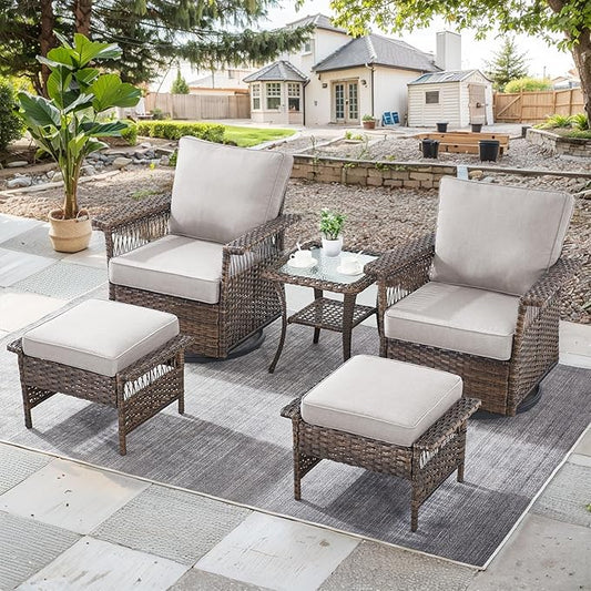 Patio Furniture Set 2 Wicker Swivel Glider Chairs 2 PE Rattan Ottomans with Patio Side Table Brown Wicker Beige Cushions Patio Conversation Set 5pcs for Garden Backyard