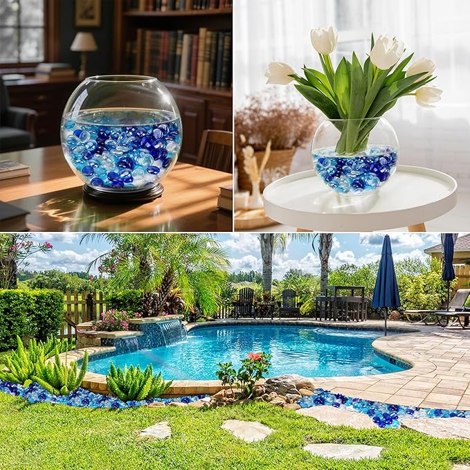 Skyflame 10-Pound Blended Fire Glass Beads for Fire Pit Fireplace Landscaping, 1/2-Inch Cobalt Blue, Crystal Ice, Caribbean Blue Luster
