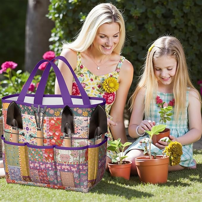 Boho Garden Tool Bag - Waterproof Floral Garden Tote with 8 Pockets, Large Storage Home Organizer Gardening Tool Oxford Bag for Garden Tools Kits Holder, Ideal Outdoor Gardening Gift for Women & Men