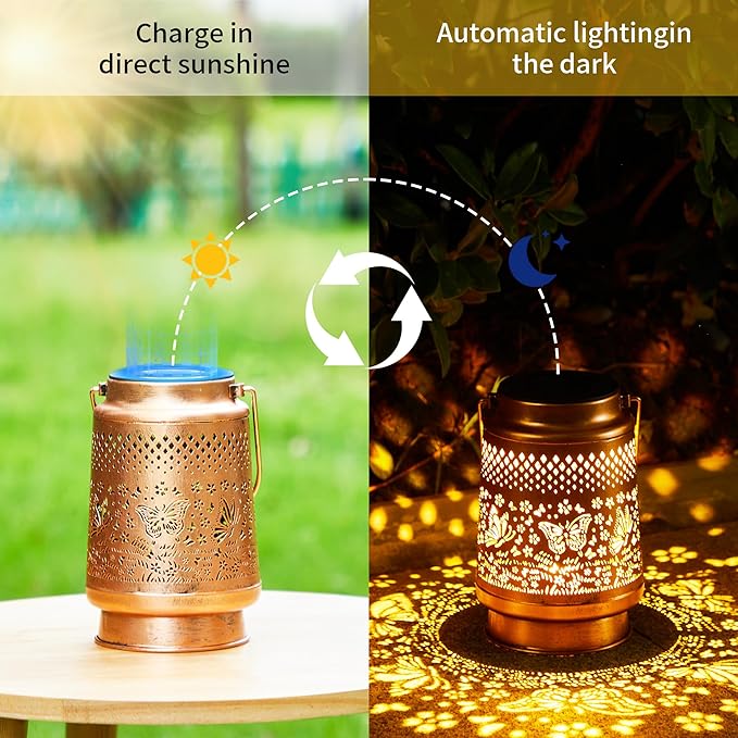 2 Pack Solar Lanterns Outdoor Waterproof, Hanging Metal Butterfly Decorative Lights for Garden Patio Yard Porch Pathway, Solar Powered Outdoor Lantern Gifts for Women Mom Grandma