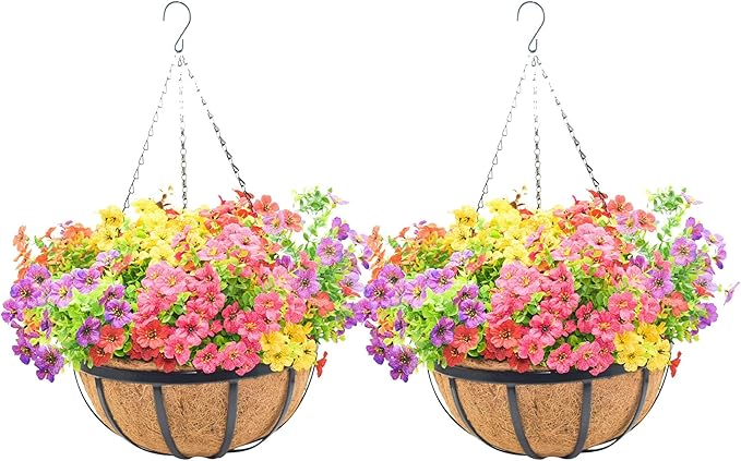 12 Inch Metal Hanging Planter Basket with Coconut Fiber Liner Hanging Plant Flower Pot for Home Garden Patio Decoration,Metal Flat Iron Pattern, 2 Pack