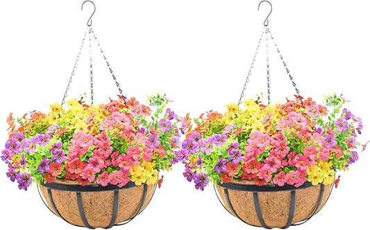 12 Inch Metal Hanging Planter Basket with Coconut Fiber Liner Hanging Plant Flower Pot for Home Garden Patio Decoration,Metal Flat Iron Pattern, 2 Pack