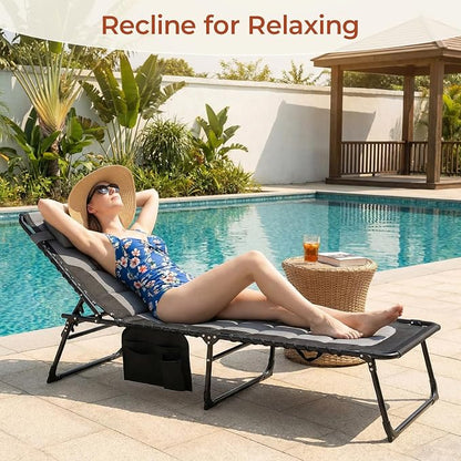 TLSUNNY Padded Folding Lounge Chair, Portable Reclining Chair with Pillow & Side Pocket, Outdoor 5-Position Adjustable Chaise Lounger with Carrying Handle, for Beach, Pool, Sunbathing (Black & Gray)