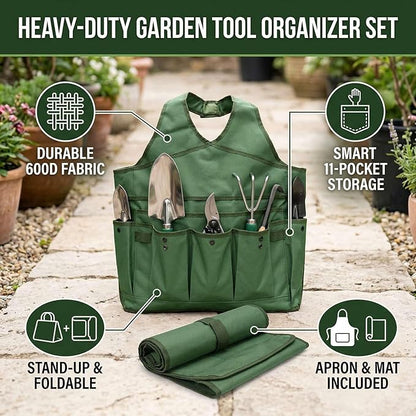 Luocute 3Pcs Garden Tool Bag Organizer, Heavy Duty 600D Oxford Fabric with 10 Pockets and Apron Mat, Foldable Standable Gardening Tote for Men Women, Bright Green