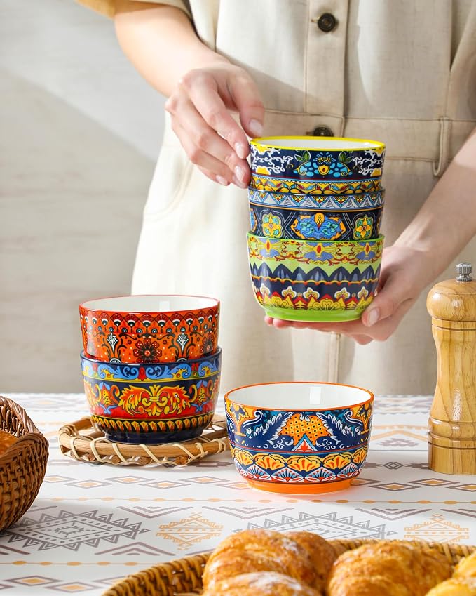 vancasso Ramekins 8 oz Oven Safe, Bohemian Style Creme Brulee Ramekin Set of 6, Porcelain Souffle Dishes Pudding Custard Cups for Baking Ramiken Bowls for Ice Cream